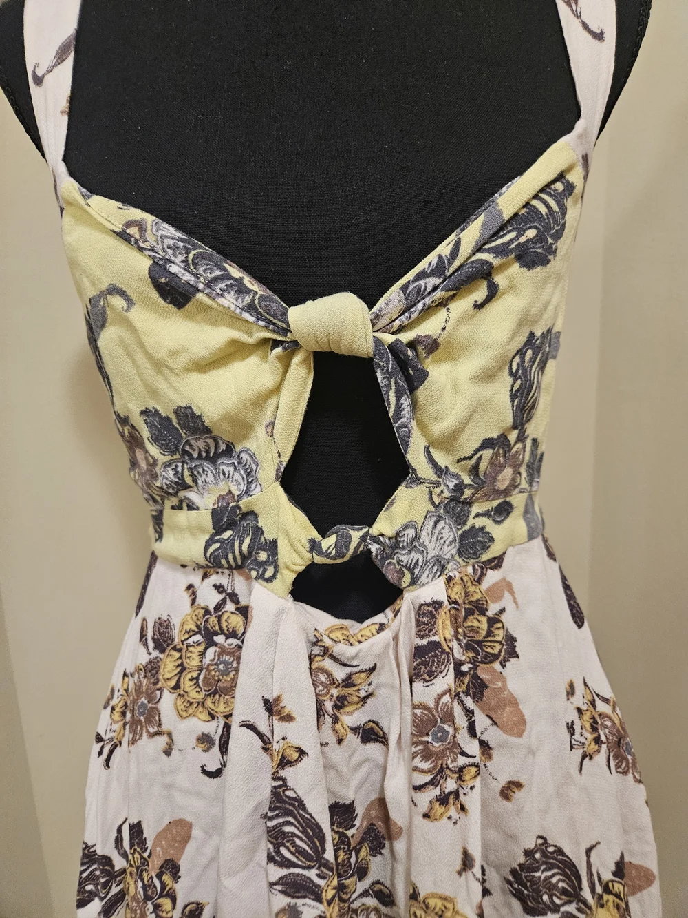 Free People Yellow and Cream Floral Tie-Front Midi Dress